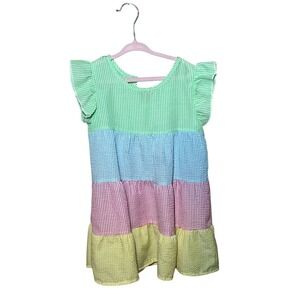 SHEIN Tiered Dress Kids 4Y Multi Color  Seersucker Striped Flutter Sleeve